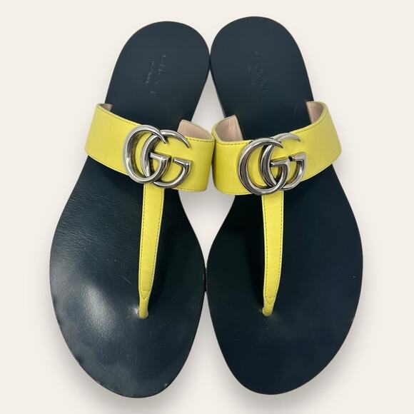 Gucci GG Marmont Thong Double G Flat Leather Sandals Yellow Silver 37.5 Women’s - Picture 1 of 11